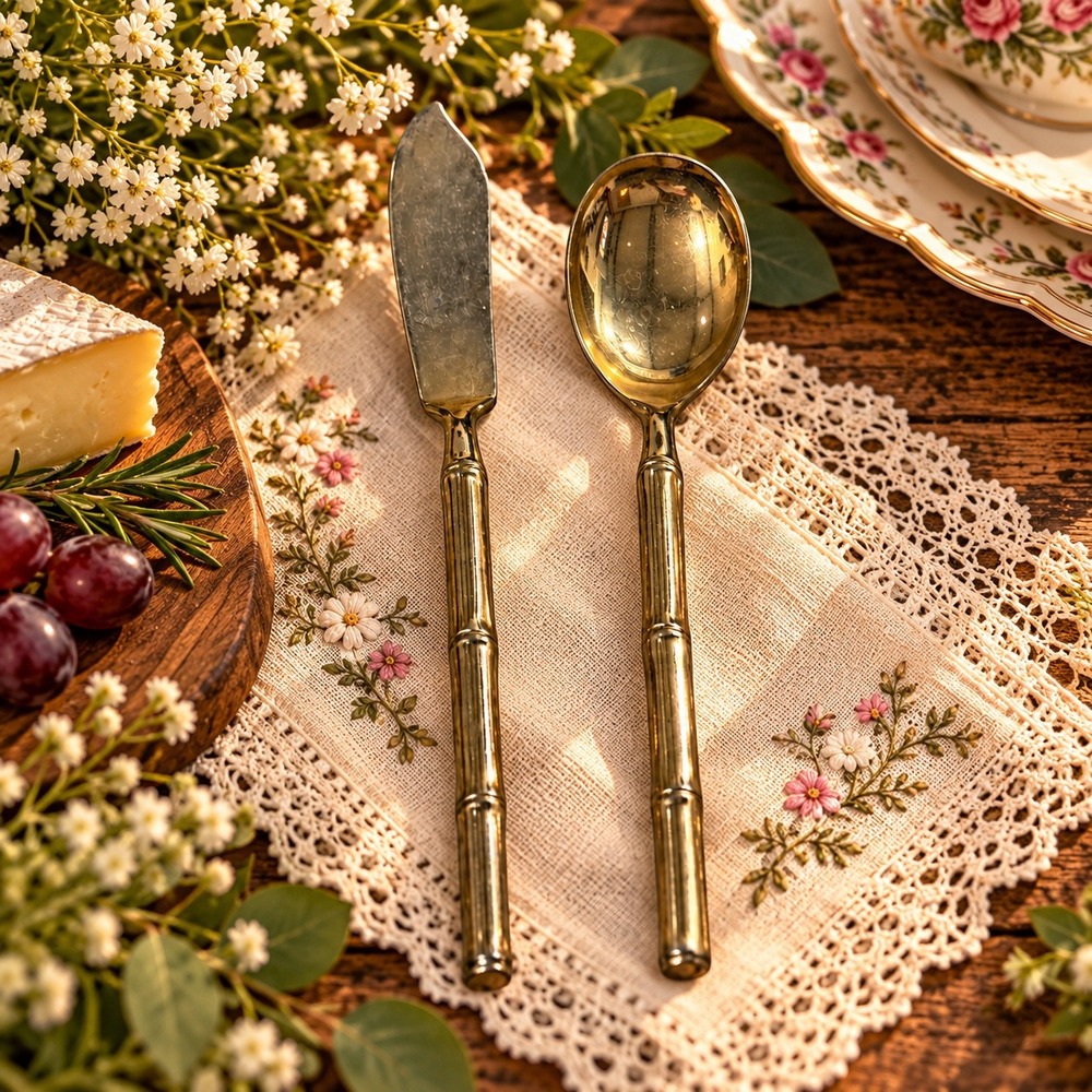 Vintage Stanley Roberts Gold Faux Bamboo Butter Spreader and Spoon Set Japan